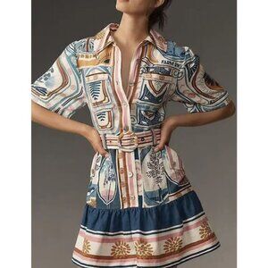 NWOT Farm Rio Linen Cerrado Stamps Short sleeve Mini Shirtdress Size XL Pocket